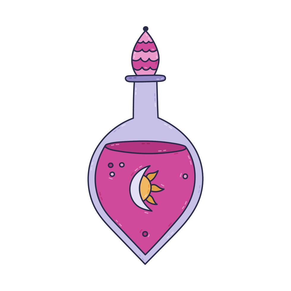 Lovely outline cartoon magic potion in round glass vial with esoteric symbol on label of moon and sun, pink liquid. Cute hand drawn elixir for magical transformation, wizard spell, mystery ritual. vector
