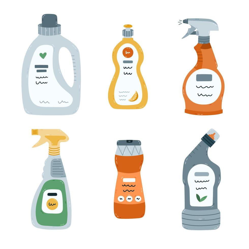 Childish cartoon set with detergent products in different bottles for housekeeping. Hand drawn laundry gel, dishwashing powder, toilet cleaner, spray. Clipart to cleanse apartment isolated on white. vector