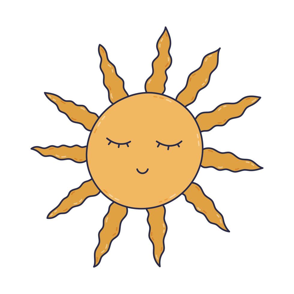 Lovely cartoon esoteric sun with face with closed eyes and wavy rays. Hand drawn outline tarot, Sun of May and Argentine symbol. Colorful mystical and magic clipart isolated for tattoo, design, web. vector