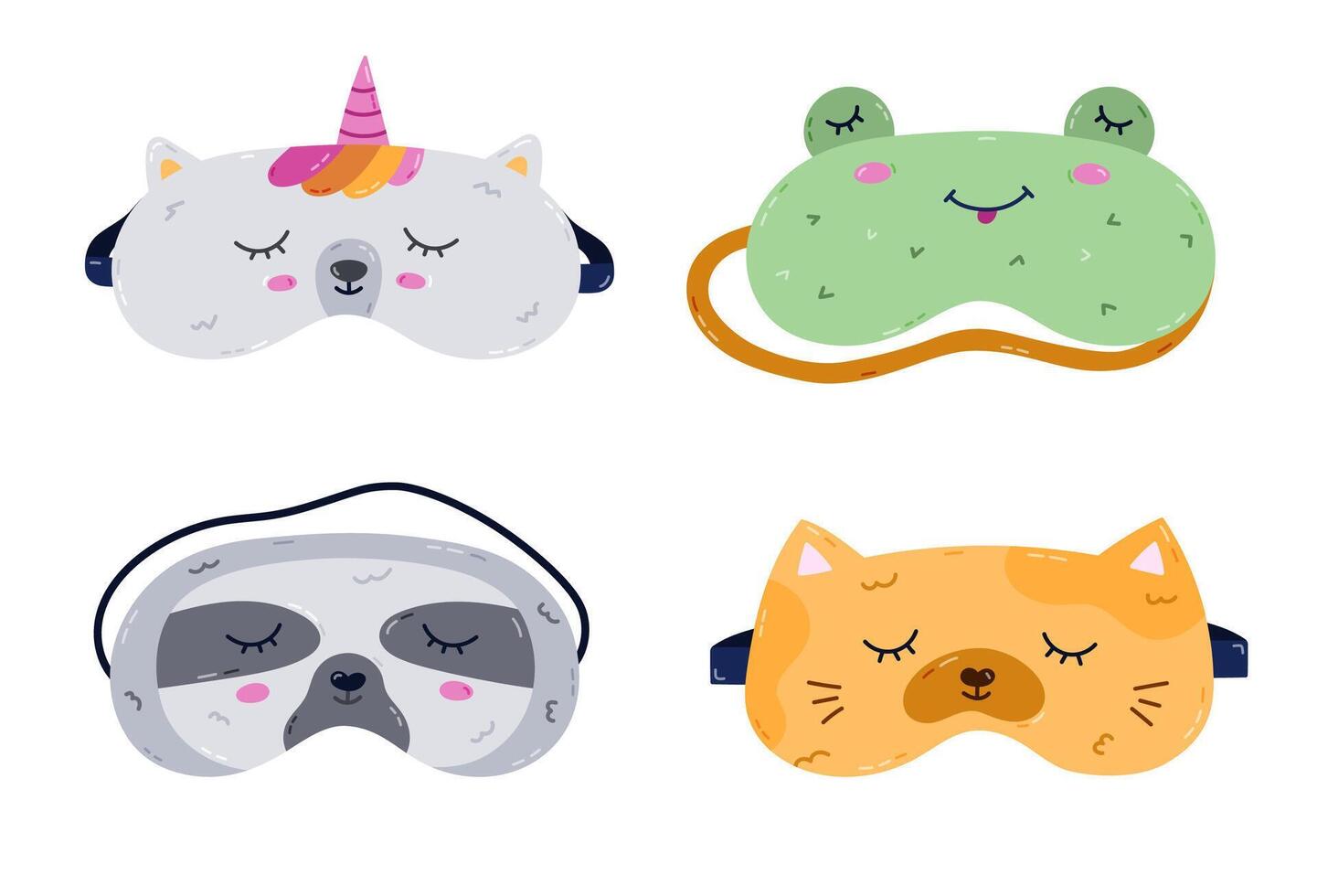 Childish cartoon animal sleeping mask set in the shape of unicorn, frog, sloth, kitten head. Funny kids eye mask collection with pet head. Hand drawn accessory for recreation isolated on background. vector