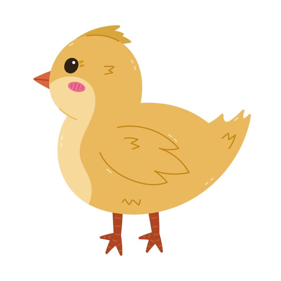 Lovely cartoon Easter baby chick side view. Hand drawn cute little hen or rooster, funny farm bird, poultry. Sign of religious springtime holiday. Seasonal chicken sticker isolated on white. vector