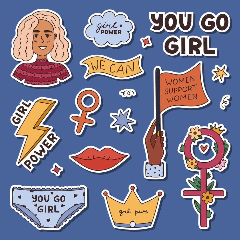 Lovely colorful doodle feminist, girl power sticker set for planners, notebooks. Ready for print list of cute stickers with female avatar, lettering of feminism slogans, girlish line doodle. vector