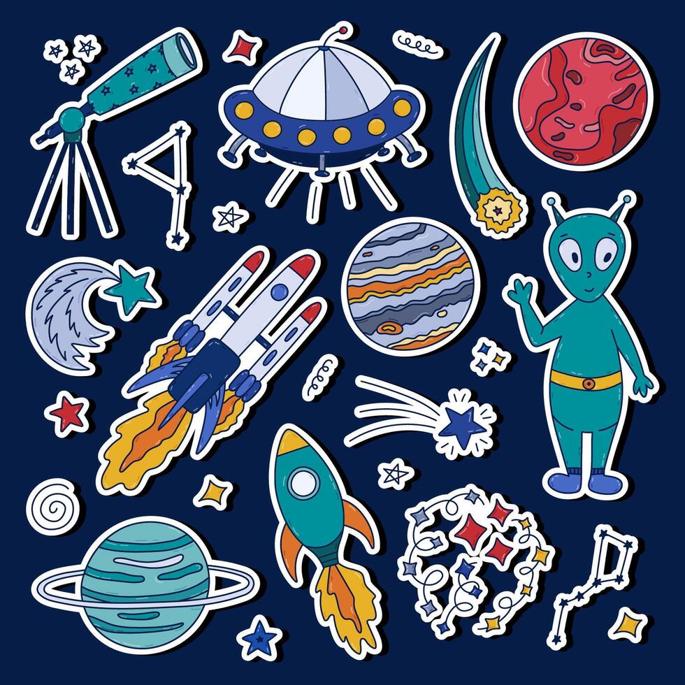Cute colorful doodle sticker set about space, galaxy for planners, notebooks. Ready for print list of childish stickers with UFO flying saucer, alien, spaceship, rocket, telescope, Mars and Jupiter. vector