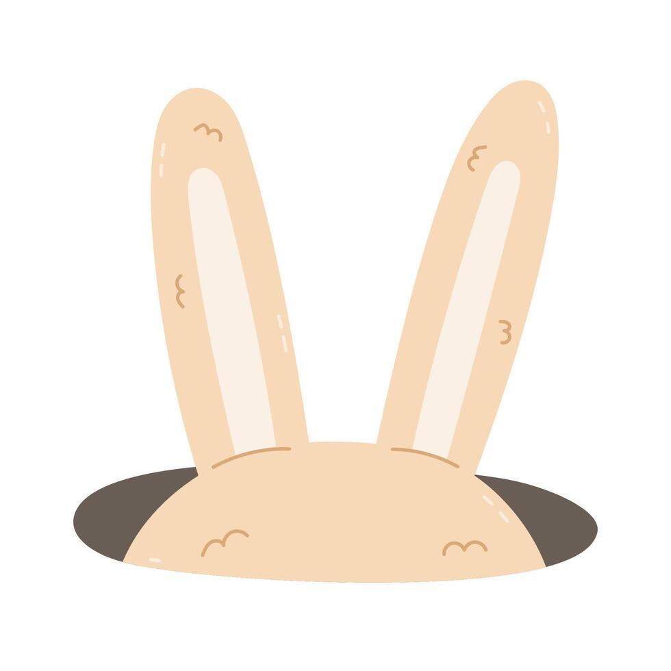 Funny cartoon Easter bunny with ears showing from hole. Lovely hand drawn hiding fluffy rabbit. Easter egg hunt clipart for postcard, design, scrapbook. Sign of religious springtime holiday. vector