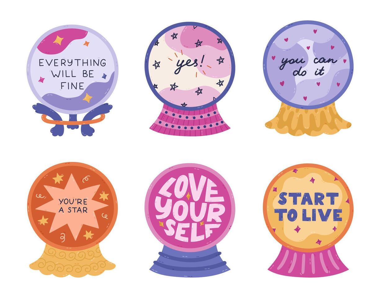Lovely cartoon set with magical crystal ball with positive forecast and motivational lettering. Cute hand drawn magic glass ball of fortune teller. Optimistic typography. Esoteric collection isolated. vector