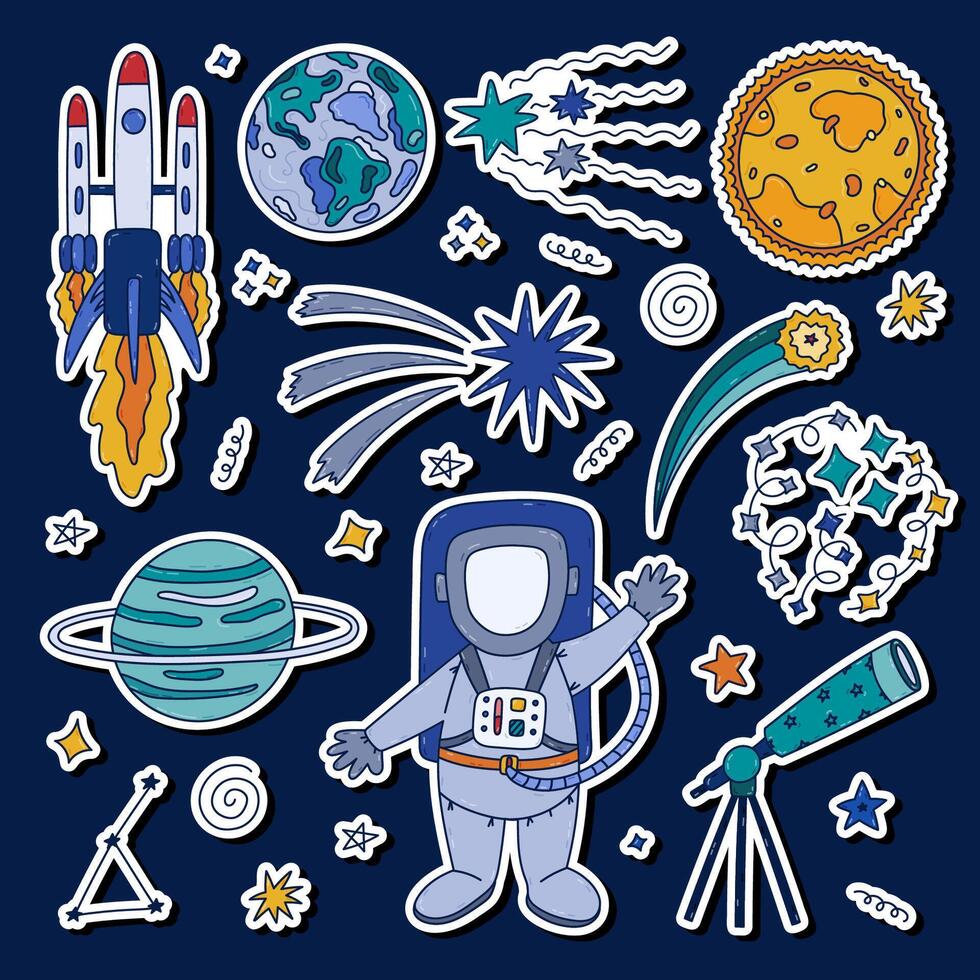 Cute cosmos and astronomy sticker set with colorful doodle for planners, notebooks. Ready for print list of childish stickers with cosmonaut, rocket, telescope, the Sun, star dust, celestial bodies. vector