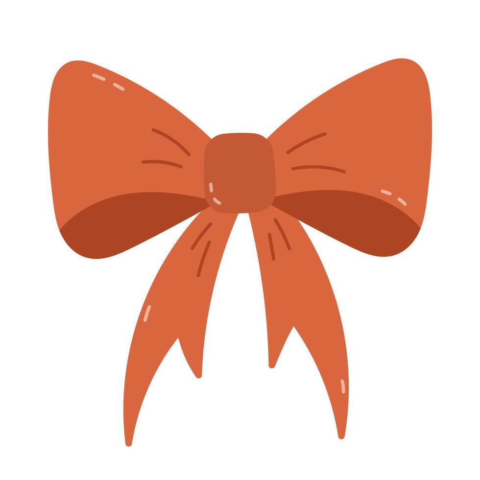 Lovely cartoon orange silk bow. Simple hand drawn decorative ribbon knot for hairstyle, presents wrapping, gift boxes and packages decor. Cute sewing item isolated on white background. vector