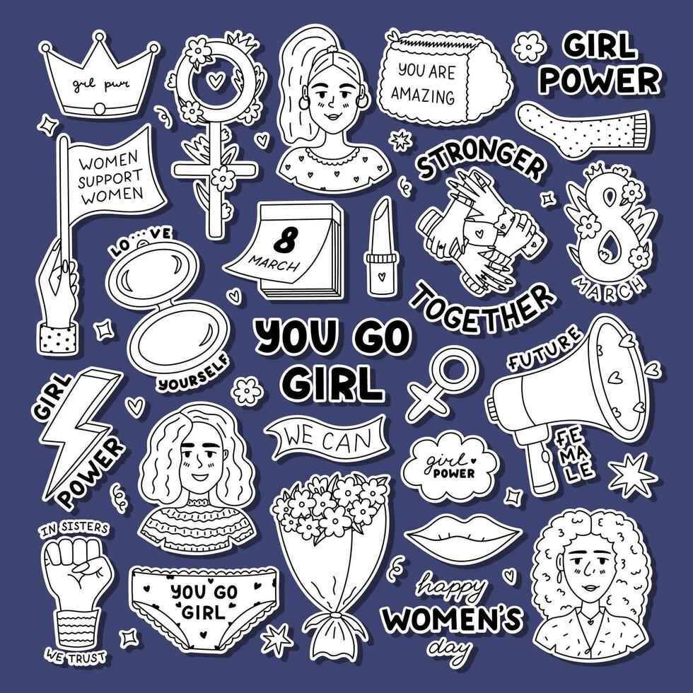 Outline feminist sticker set for International Womens Day for planners, notebooks, diary. Ready for print list of cute stickers with line doodle of female character, calendar, motivational lettering. vector