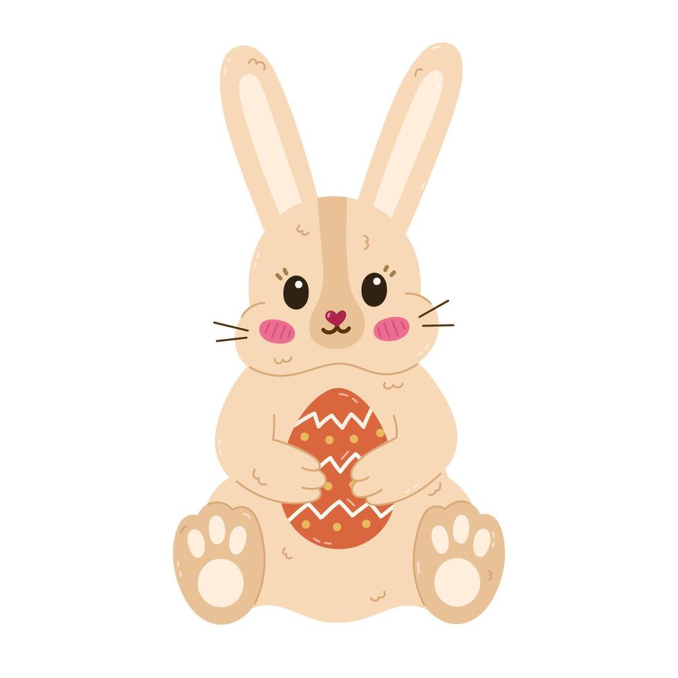 Lovely cartoon Easter bunny with painted egg in the paws sitting and smiling. Cute hand drawn fluffy rabbit as sign of Easter egg hunt at religious springtime holiday. Spring sticker for poster, card. vector