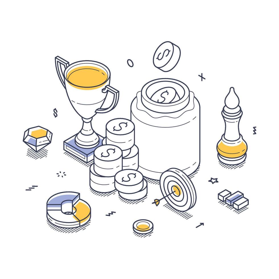 Business success strategies isometric line art illustrating budget savings and achievement concepts vector