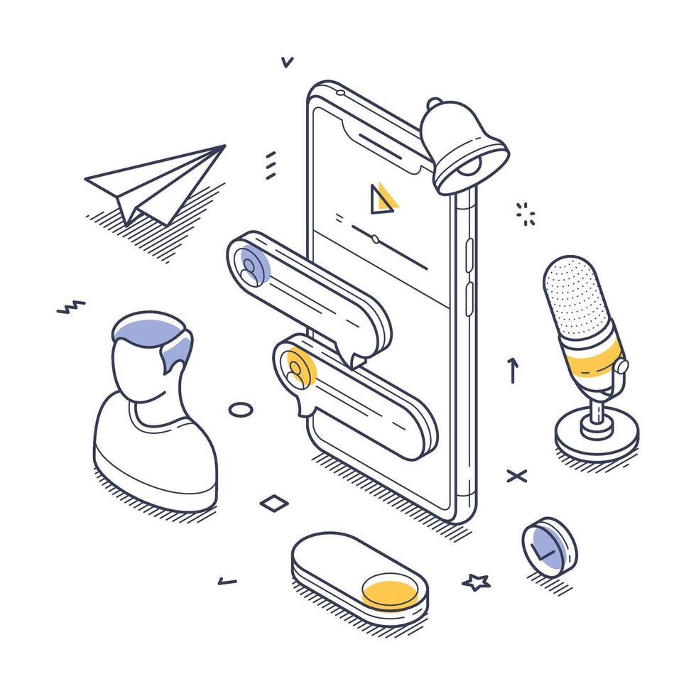 Online communication and media elements around a smartphone interface isometric line art vector