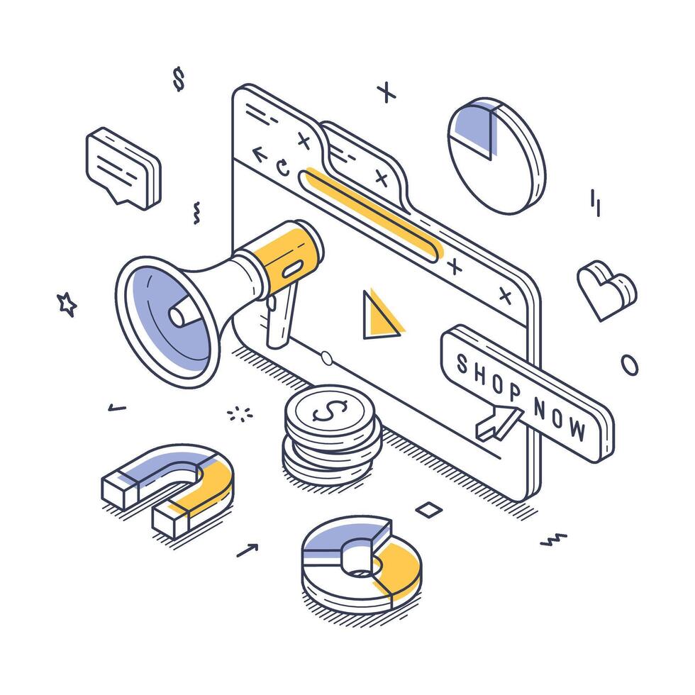 Digital marketing elements for online shopping and advertising isometric line art vector
