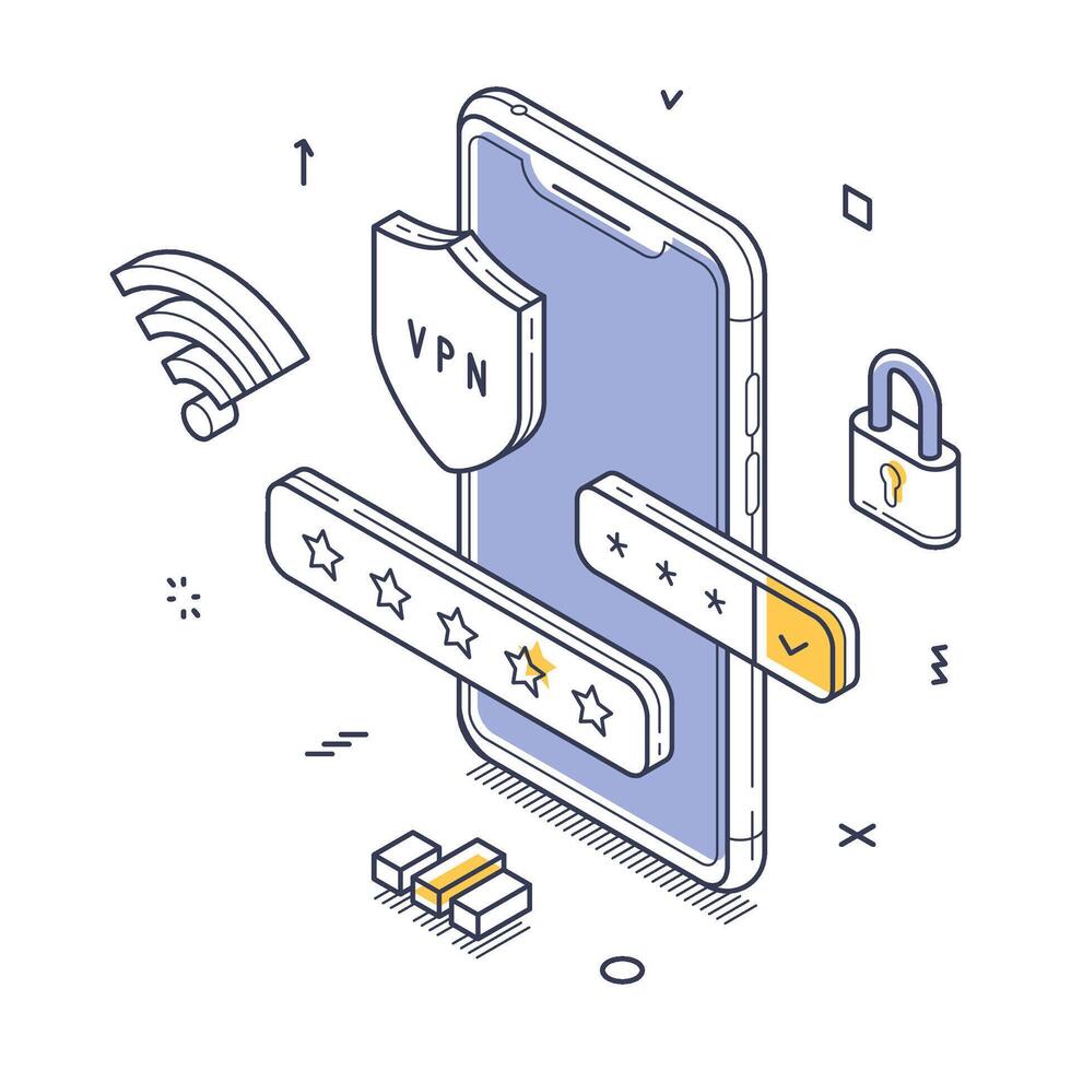 Secure online privacy and data protection with VPN technology illustrated in isometric line art vector