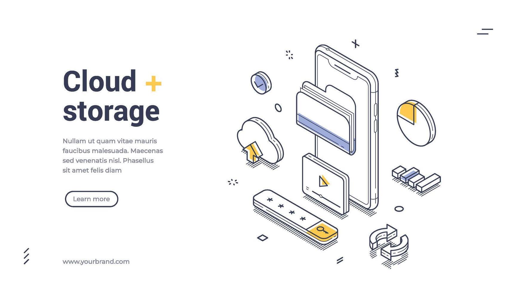 Cloud storage isometric line art web banner, landing page template of mobile cloud storage with various digital elements and icons vector