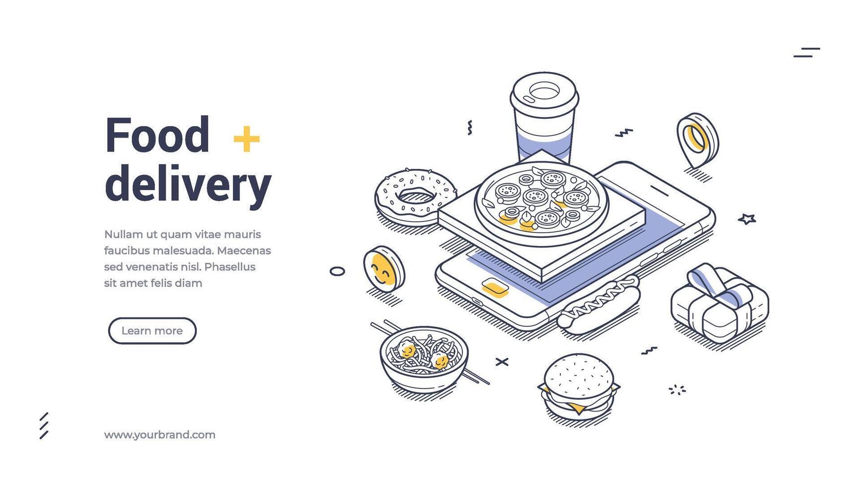 Delivery app concept featuring diverse food items and beverages arranged in a modern isometric web banner vector