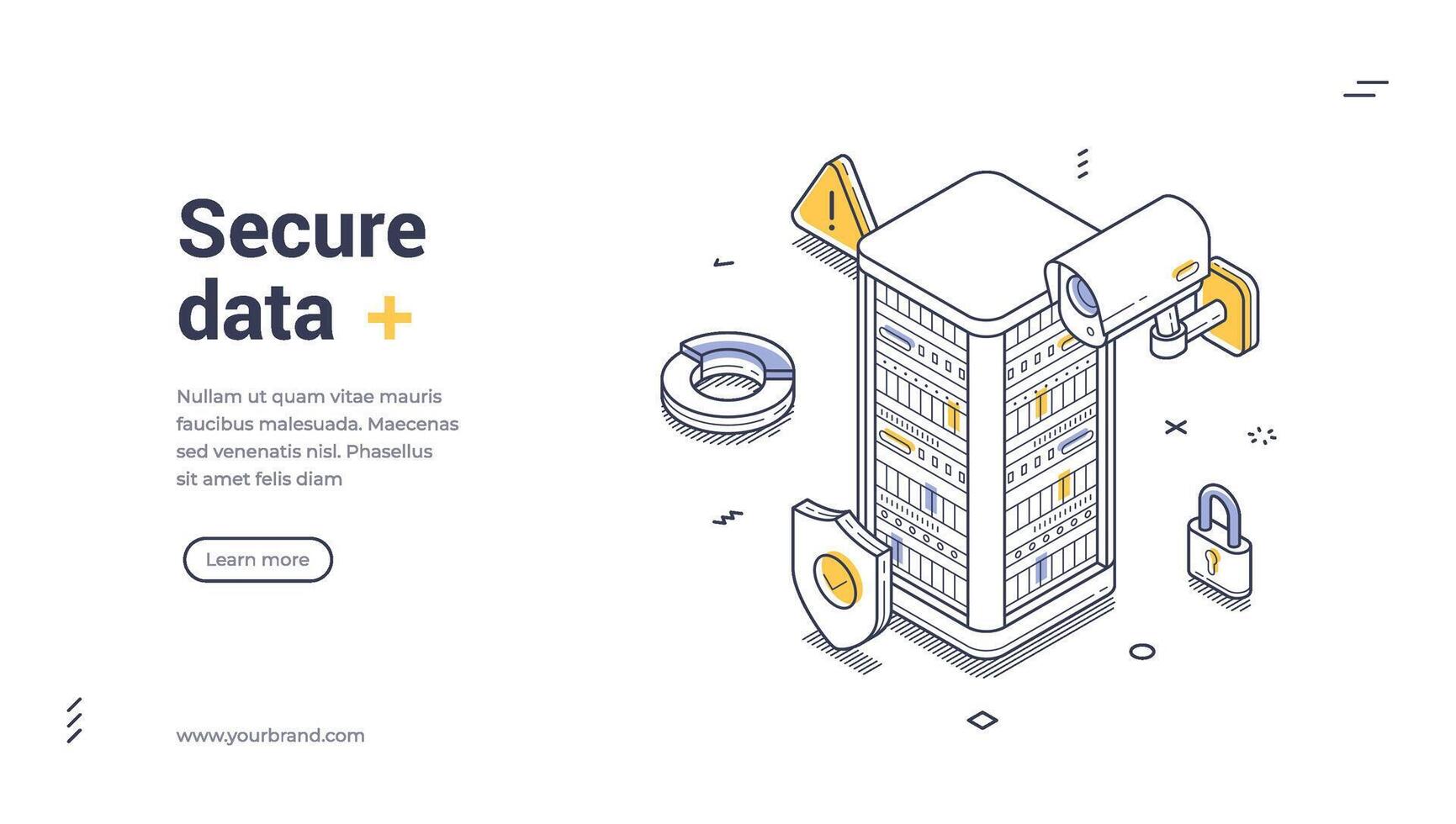 Secure data center web banner, landing page template featuring surveillance equipment and protective elements vector