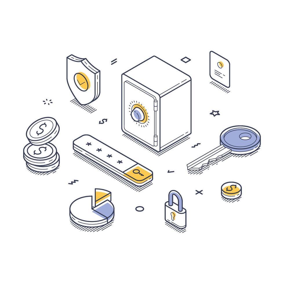 Isometric line art illustration depicting elements of security, finance, and data protection vector
