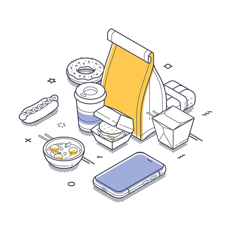 Illustration of fast food snacks and drinks in an isometric design featuring a takeaway bag, phone vector