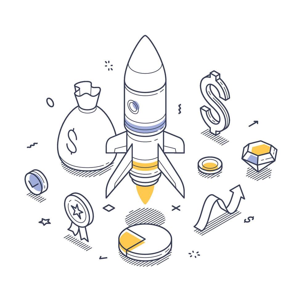 Startup success concept with a rocket launch, money bags and growth icons for innovation vector