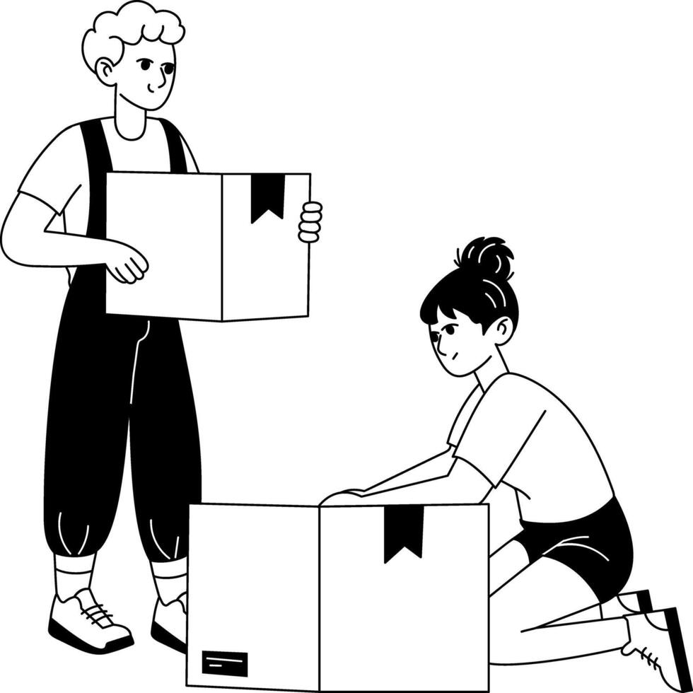 A glyph illustration of two characters packing stuff in boxes vector