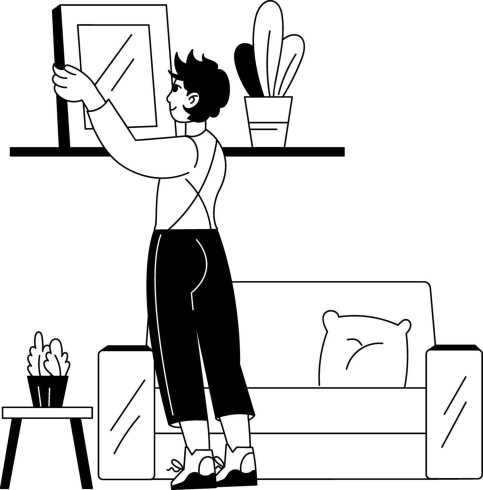 A character decorating home illustration in glyph style vector