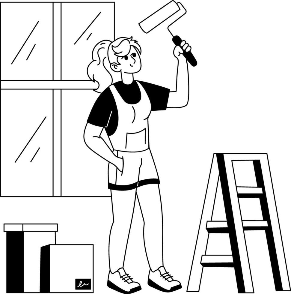 A character painting wall with paintbrush, glyph style illustration vector