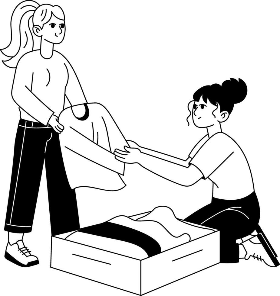 A glyph illustration of two characters packing clothes vector