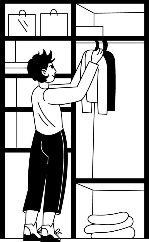 A glyph illustration of a character decluttering wardrobe vector