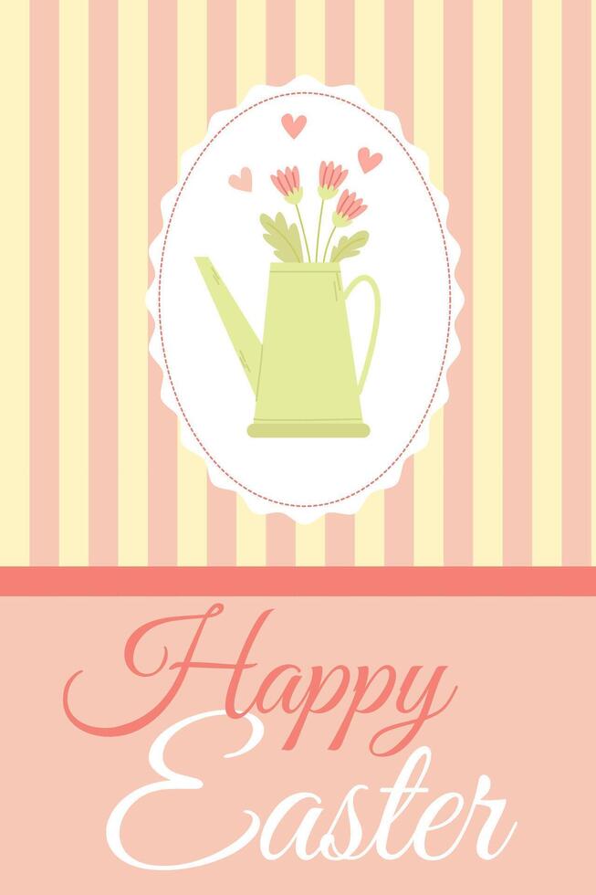 Cute Easter card with a watering can with spring flowers in it vector