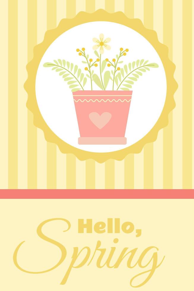 Cute Easter card with a pot of spring flowers growing in it vector