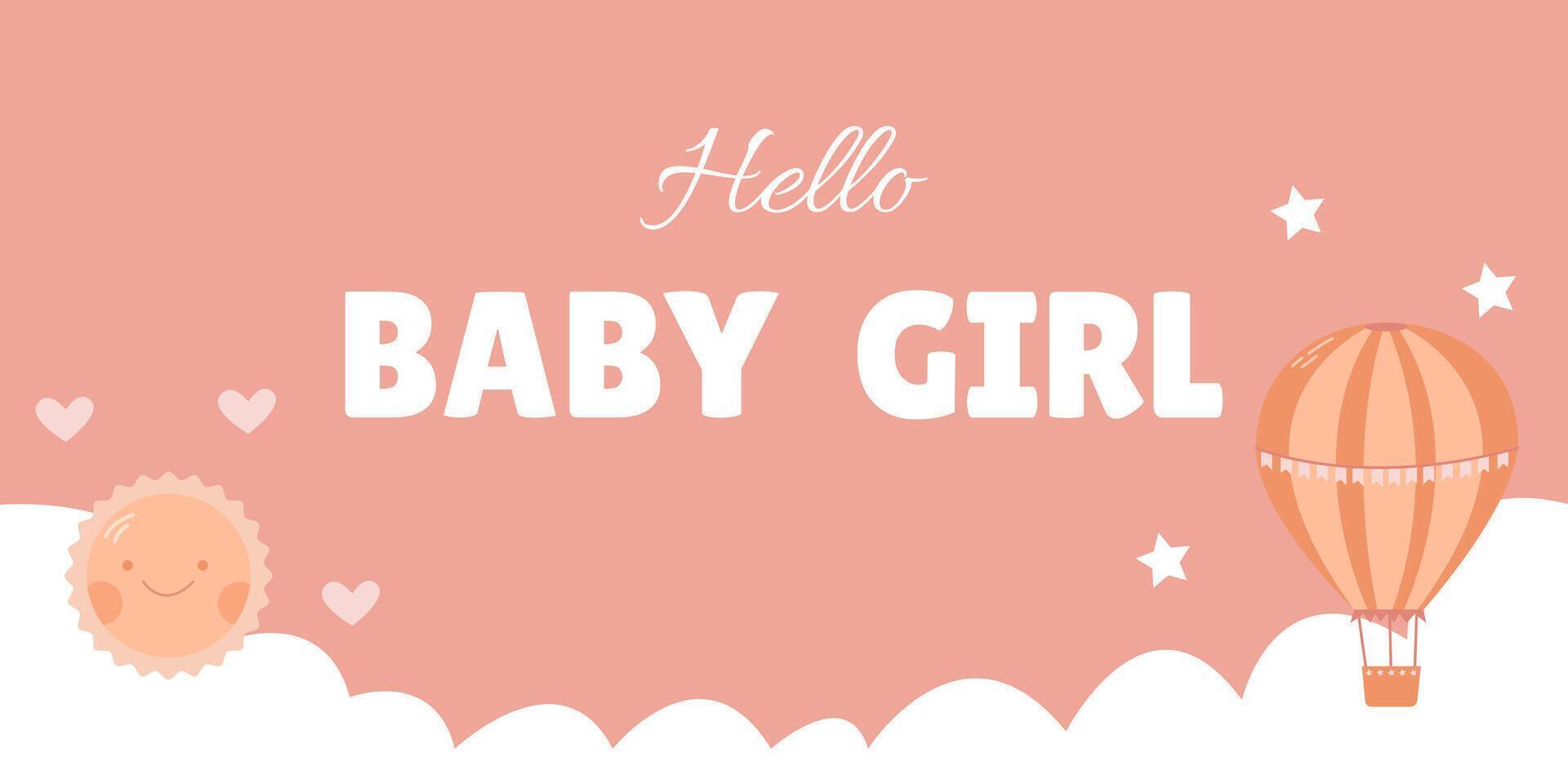 Banner for the birth of a little girl in pink colors with clouds, a balloon and a sun vector