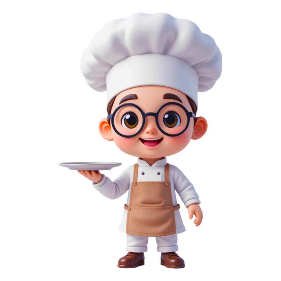 Cute Cartoon Chef Character Holding Plate in 3D Chibi Style with Big Round Glasses png