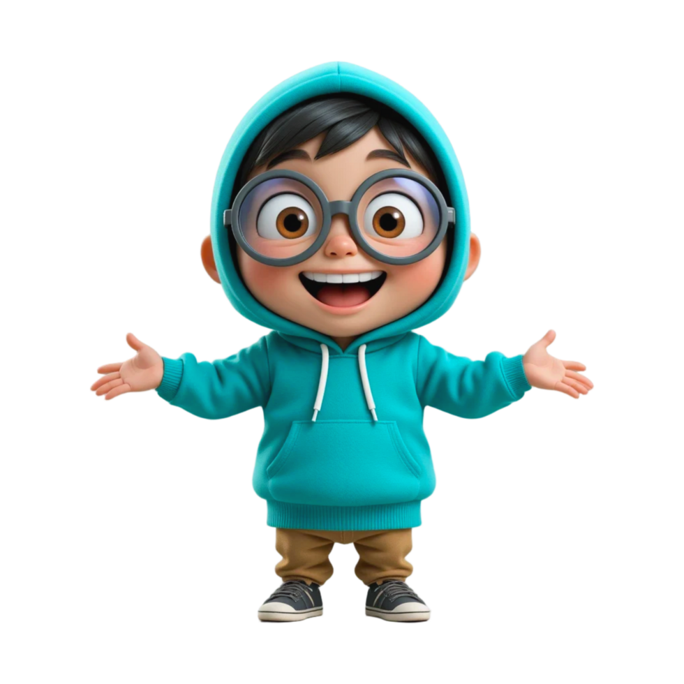 3D Cartoon Child with Large Glasses, Excited Expression and Arms Outstretched png