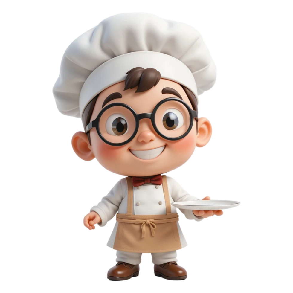 Cute Cartoon Chef Character with Serving Plate in 3D Chibi Style and Cheerful Smile png