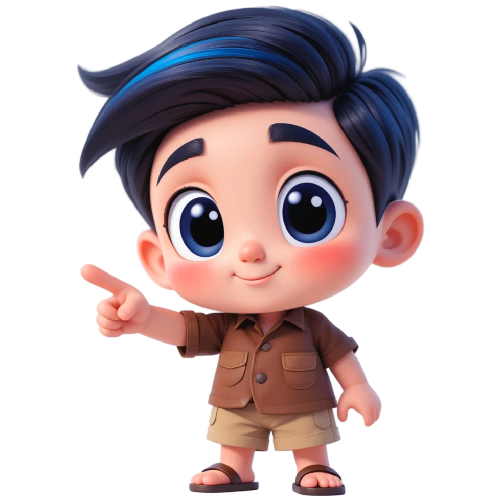 Cute 3D Cartoon Boy in Safari Outfit with Expressive Blue Eyes png