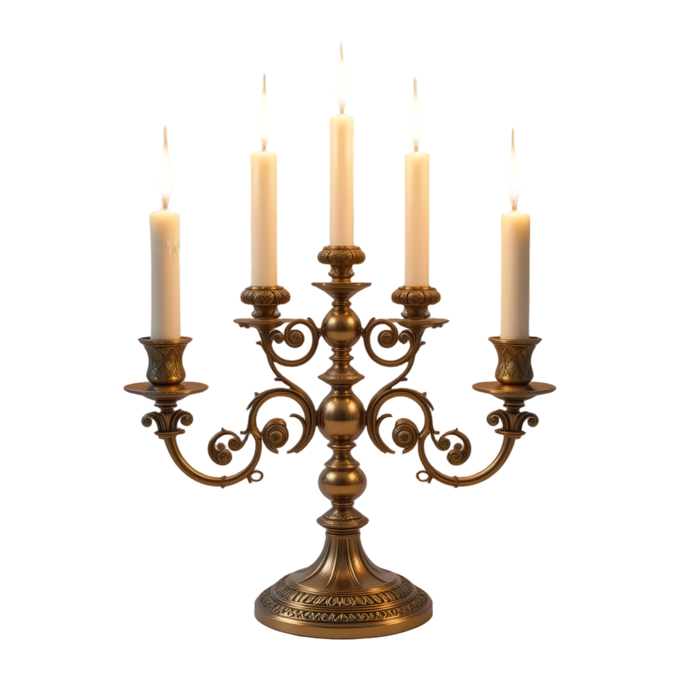 Ornate Brass Candelabra Five Lit Candles Intricate Scrollwork Antique Gold Finish Baroque Style Elegant Centerpiece Candlelight Glow png