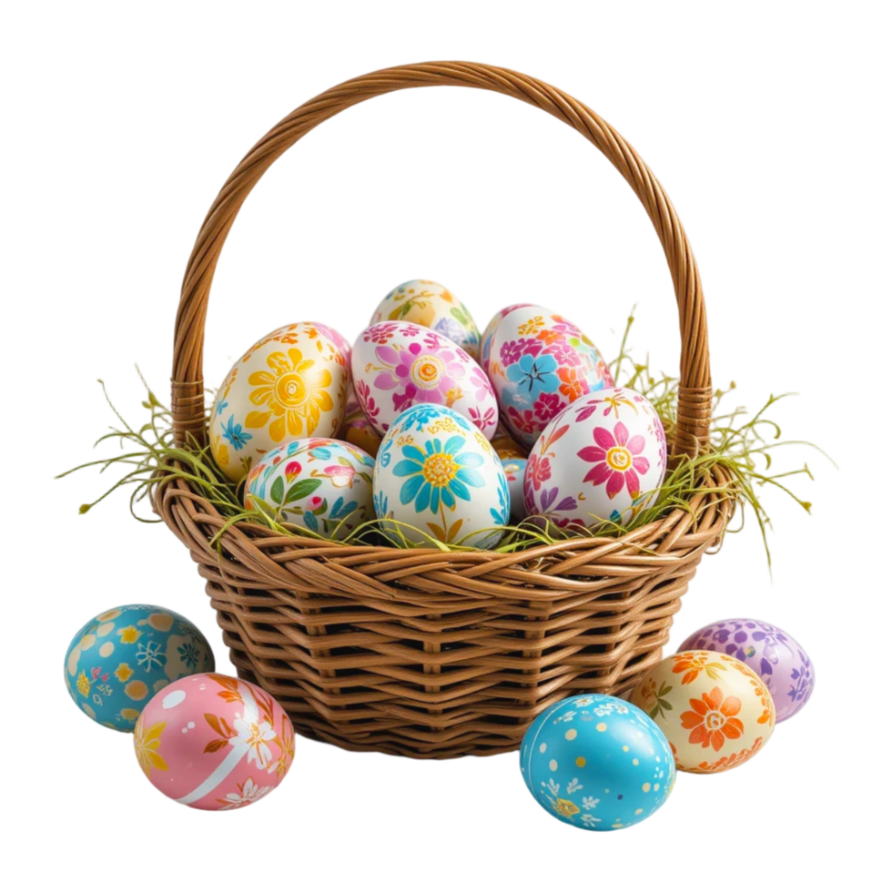 Easter Basket with Colorful Painted Eggs and Floral Patterns on Transparent Background png