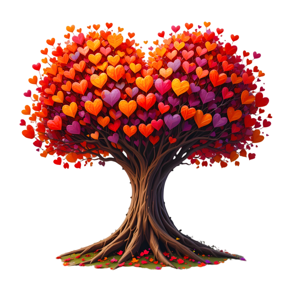 Tree of Love Colorful Heart Shaped Leaves Twisted Trunk Romantic Valentines Day Fantasy Art Digital Painting Symbolic Design png