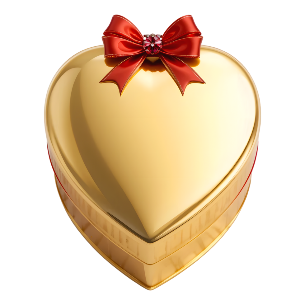 Heart Shaped Golden Box Valentines Gift Shiny Metallic Red Satin Bow Luxury Chocolate Container Elegant 3D Render Transparent Background Photorealistic png