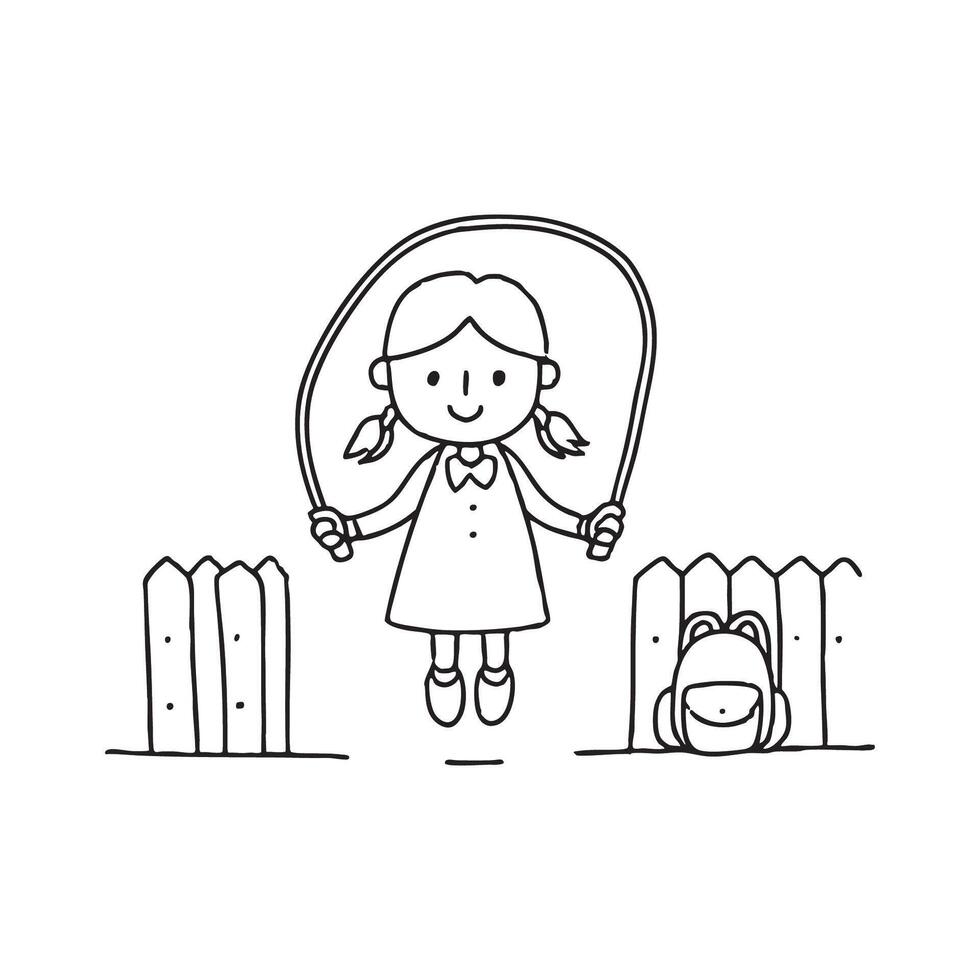 A child skipping with a jump rope near a schoolyard fence with a backpack leaning against it vector