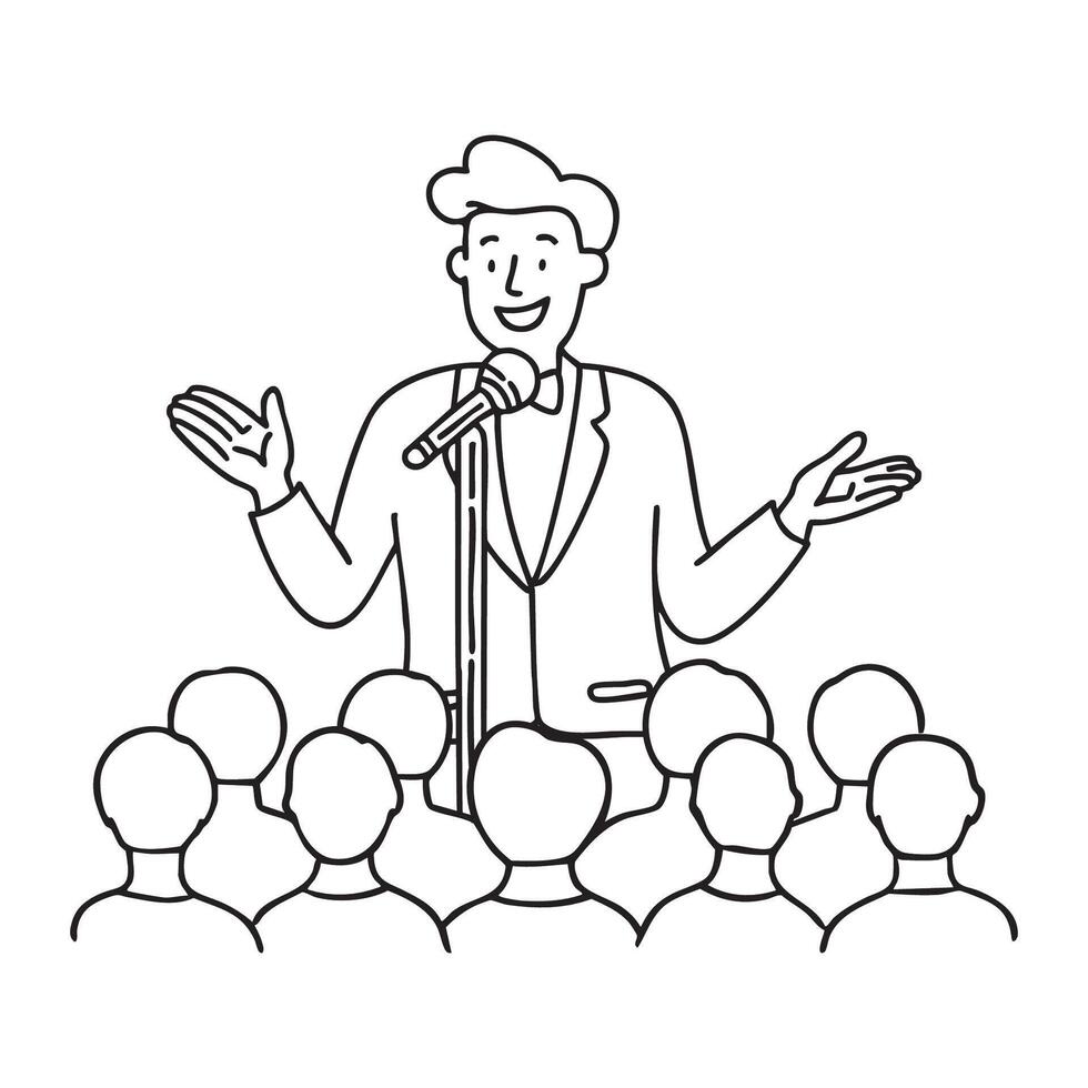 A standup comedian delivering jokes on stage while the audience laughs in the crowd vector