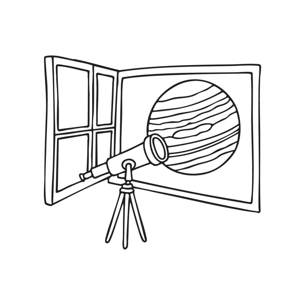 A telescope in an observatory with an open window, offering a view of the planet Jupiter vector