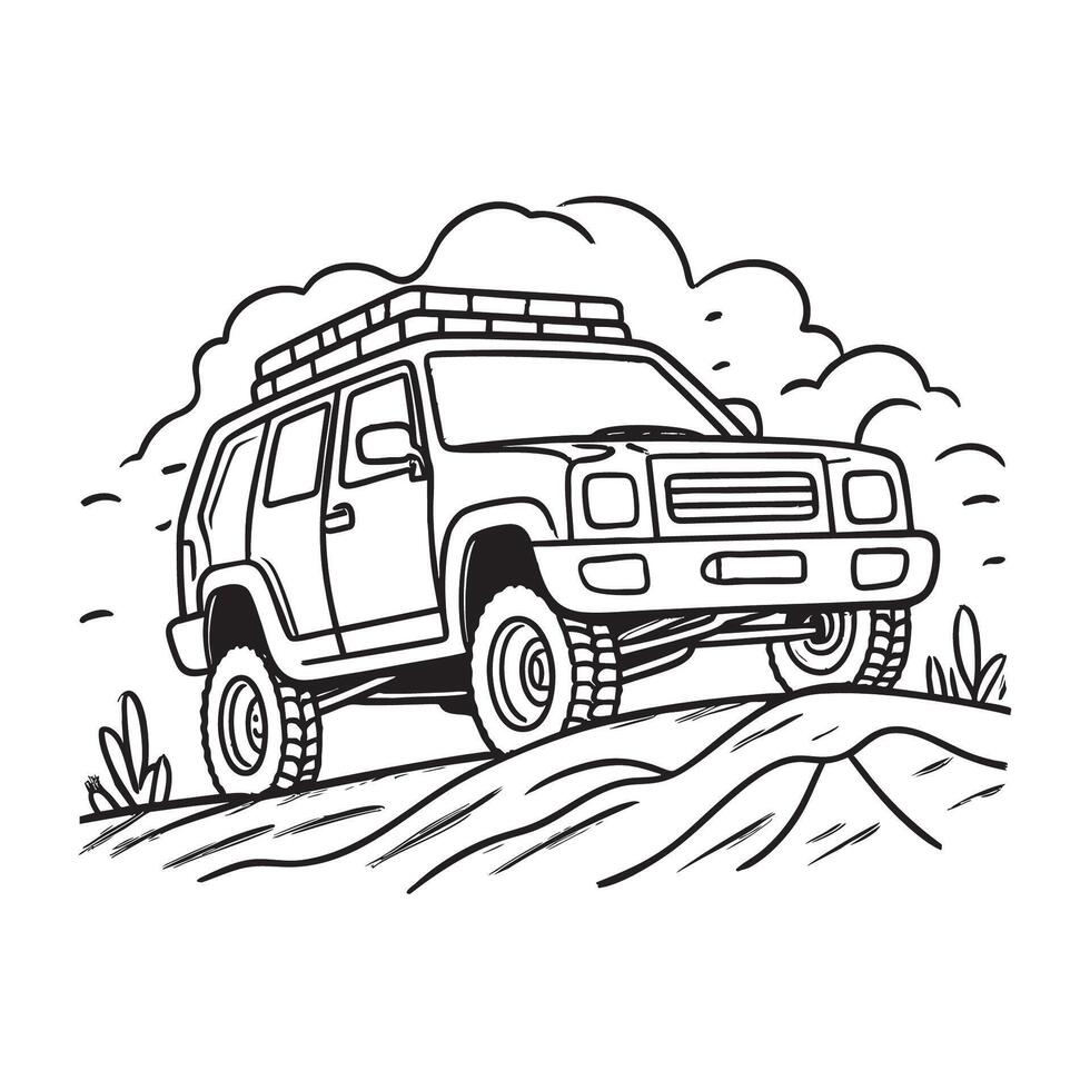 An off road vehicle driving over a dirt path, dust rising from the tires as it speeds vector