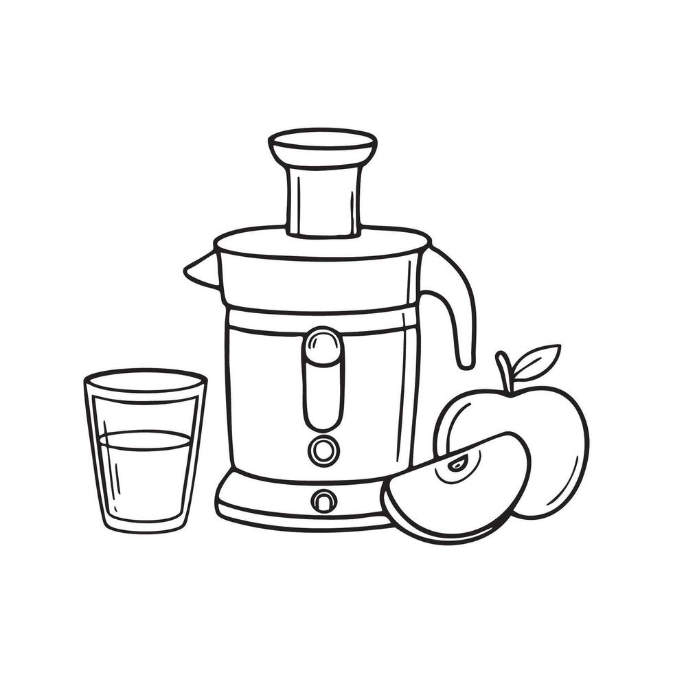 A juicer extracting juice from fresh fruit while an empty glass waits beside it vector
