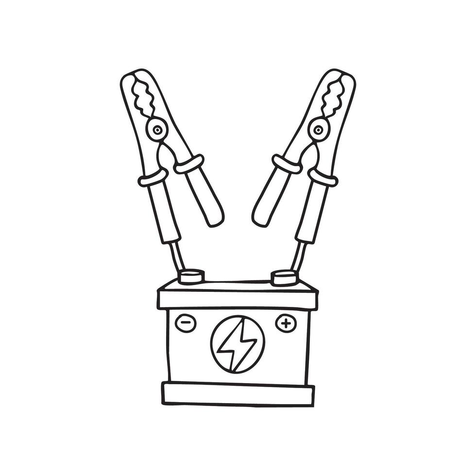 A pair Jumper cables and a car battery beside each other in the garage. vector