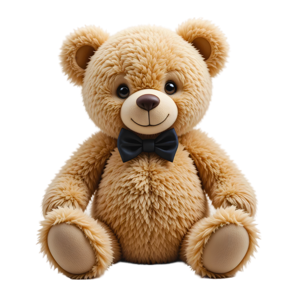 Adorable Teddy Bear Plush Toy Soft Golden Fur Cute Smile Black Bow Tie High Detail Photorealistic png