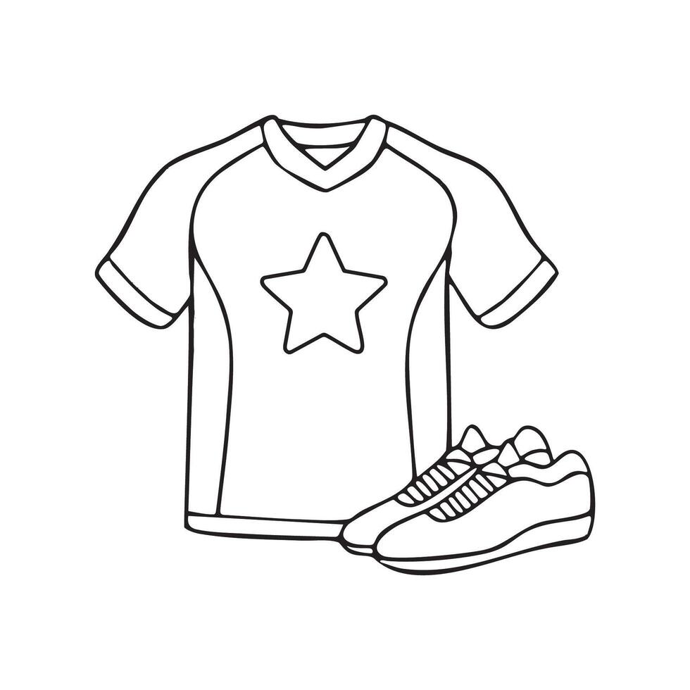 A sports jersey with a star team logo next to a pair of sneakers. vector