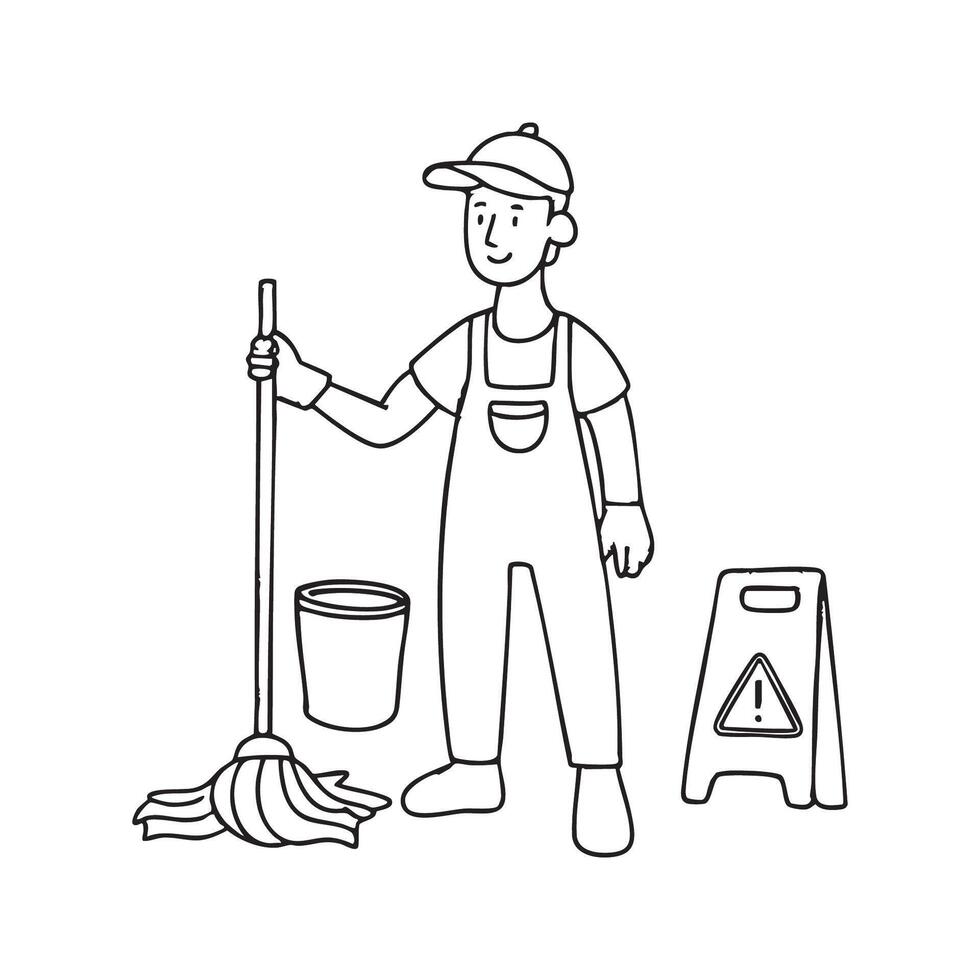 A janitor mopping the floors while a Caution sign stands nearby and bucket vector