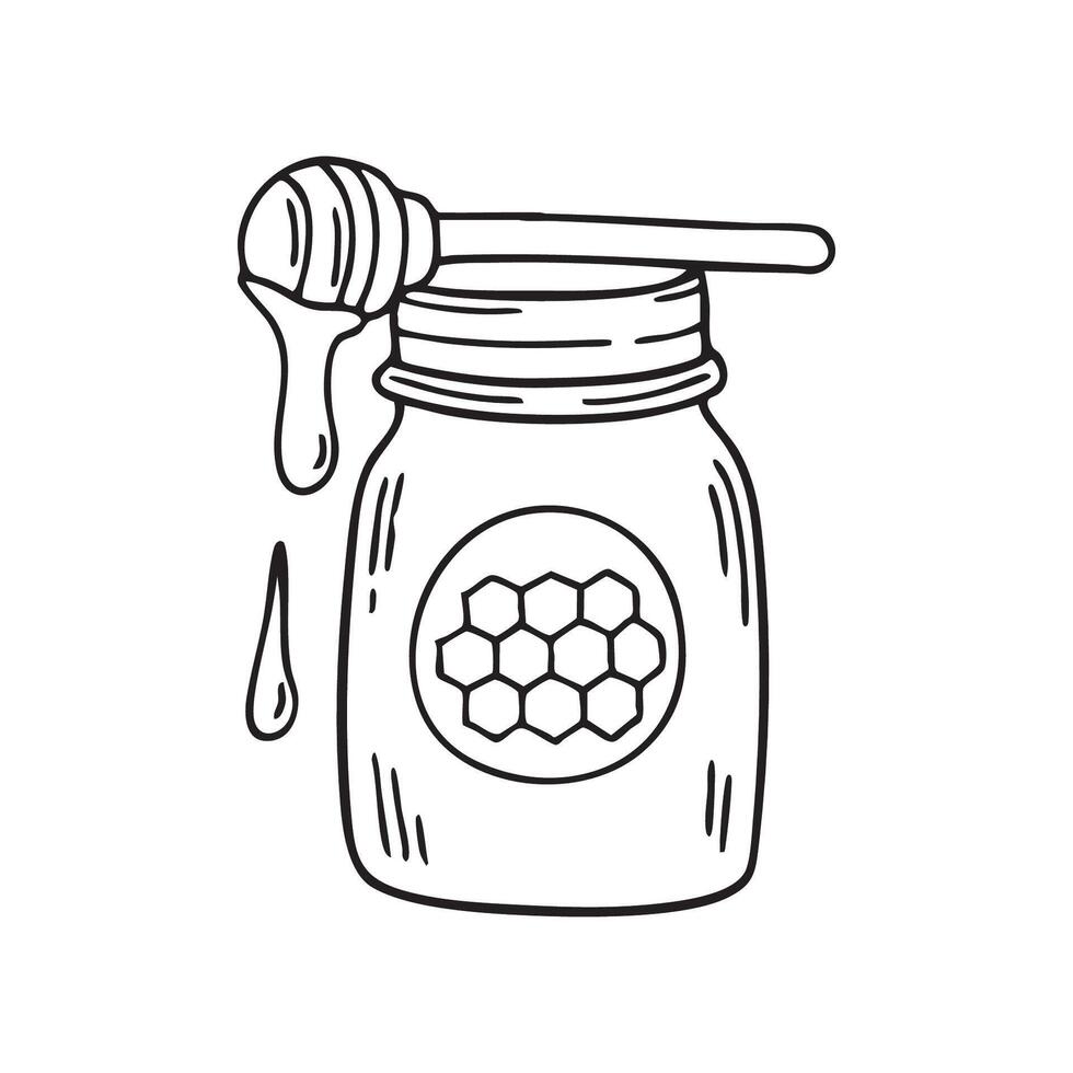 A mason jar with a honeycomb symbol label, beside a honey dipper resting on the lid, with honey dripping vector