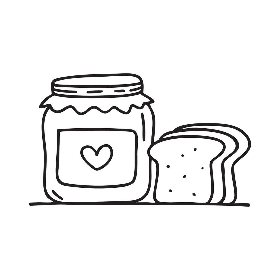 A jar of jam sitting on a kitchen counter next to a slice of toasted bread vector